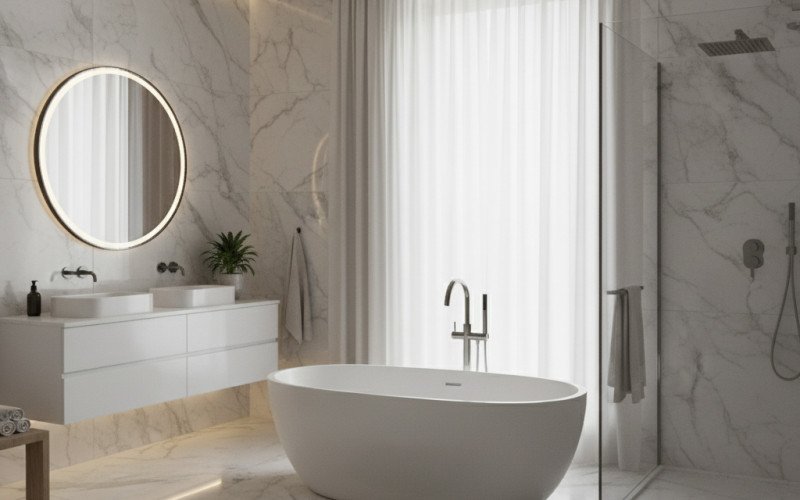 Luxury Modern Bathroom Design | Marble Interiors, Ambient Lighting & Freestanding Tub
